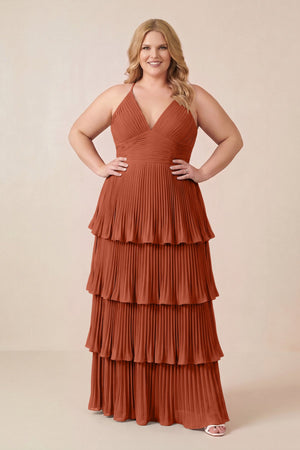 Spice Tiered Pleated V-Neck A-Line Chiffon Bridesmaid Dress (3) [sizeplus] | KISSBRIDAL