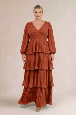 Spice V-Neck Tiered A-Line Long Sleeve Bridesmaid Dress (3) [sizeplus] | KISSBRIDAL