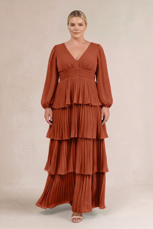 Spice V-Neck Tiered A-Line Long Sleeve Bridesmaid Dress (3) [sizeplus] | KISSBRIDAL