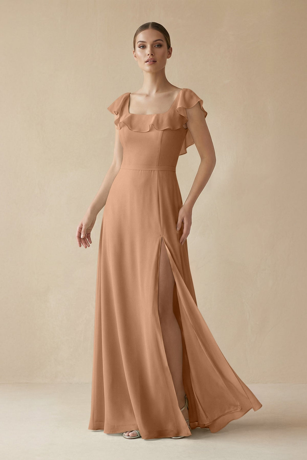 Square Neck A-Line Bridesmaid Dress with Ruffles in Bronzer