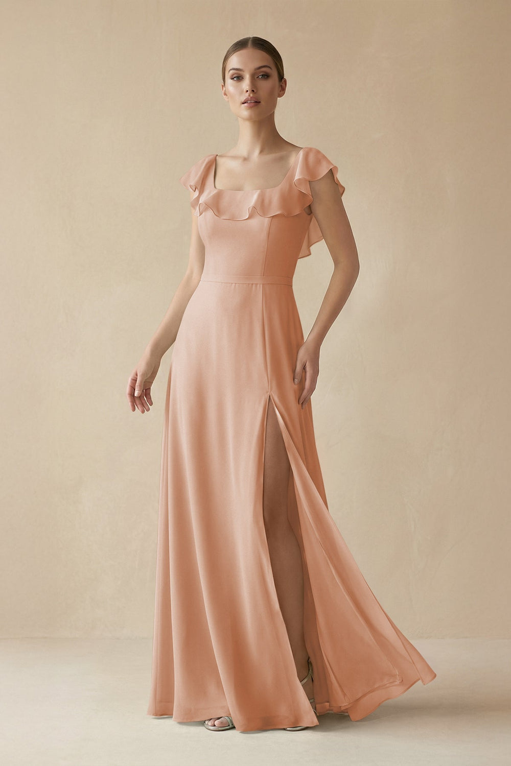 Square Neck A-Line Bridesmaid Dress with Ruffles in Champagne Rose