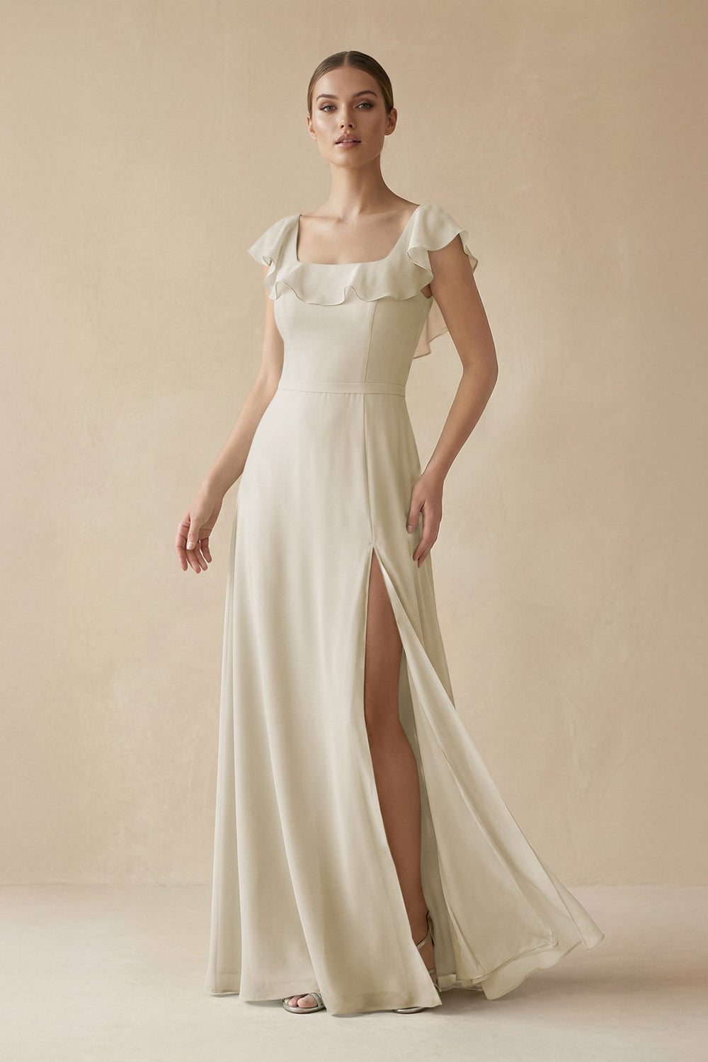 Square Neck A-Line Bridesmaid Dress with Ruffles in Dove Gray