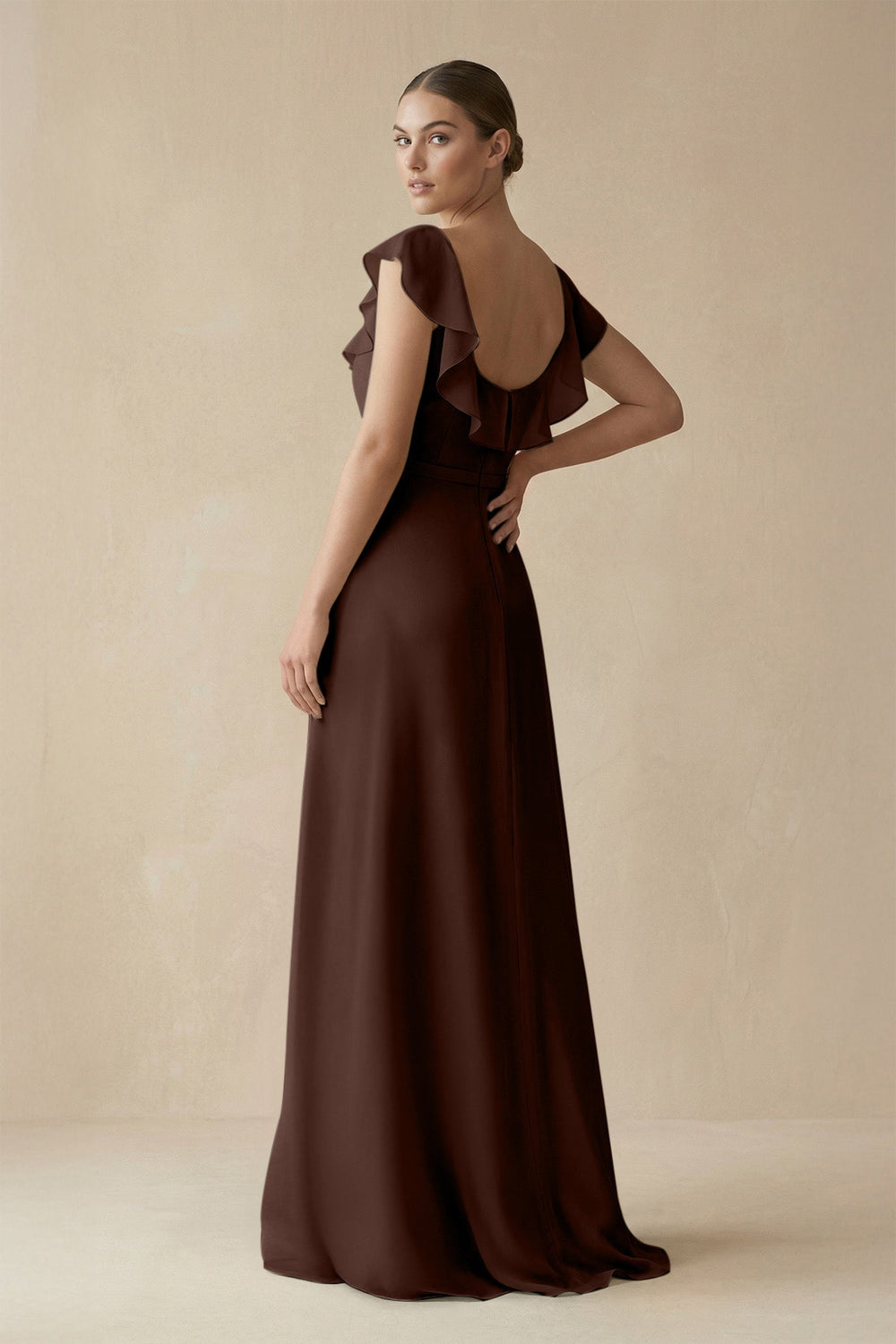 Square Neck A-Line Bridesmaid Dress with Ruffles in Espresso