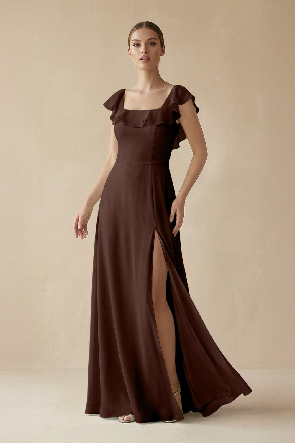Square Neck A-Line Bridesmaid Dress with Ruffles in Espresso