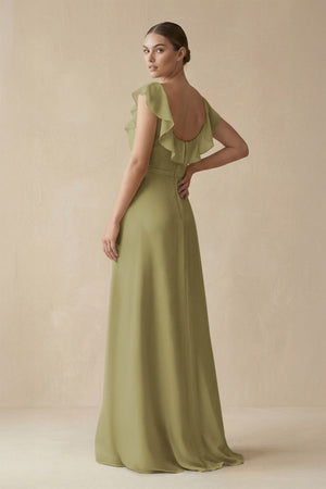 Square Neck A-Line Bridesmaid Dress with Ruffles in Moss Green (2) | KISSBRIDAL