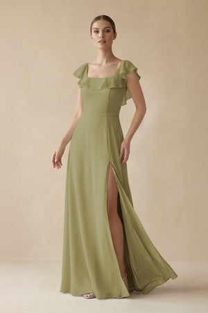 Square Neck A-Line Bridesmaid Dress with Ruffles in Moss Green | KISSBRIDAL