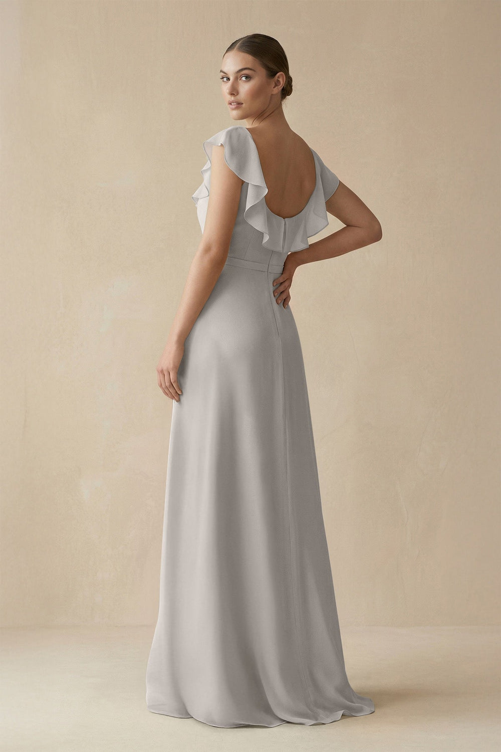 Square Neck A-Line Bridesmaid Dress with Ruffles in Silver