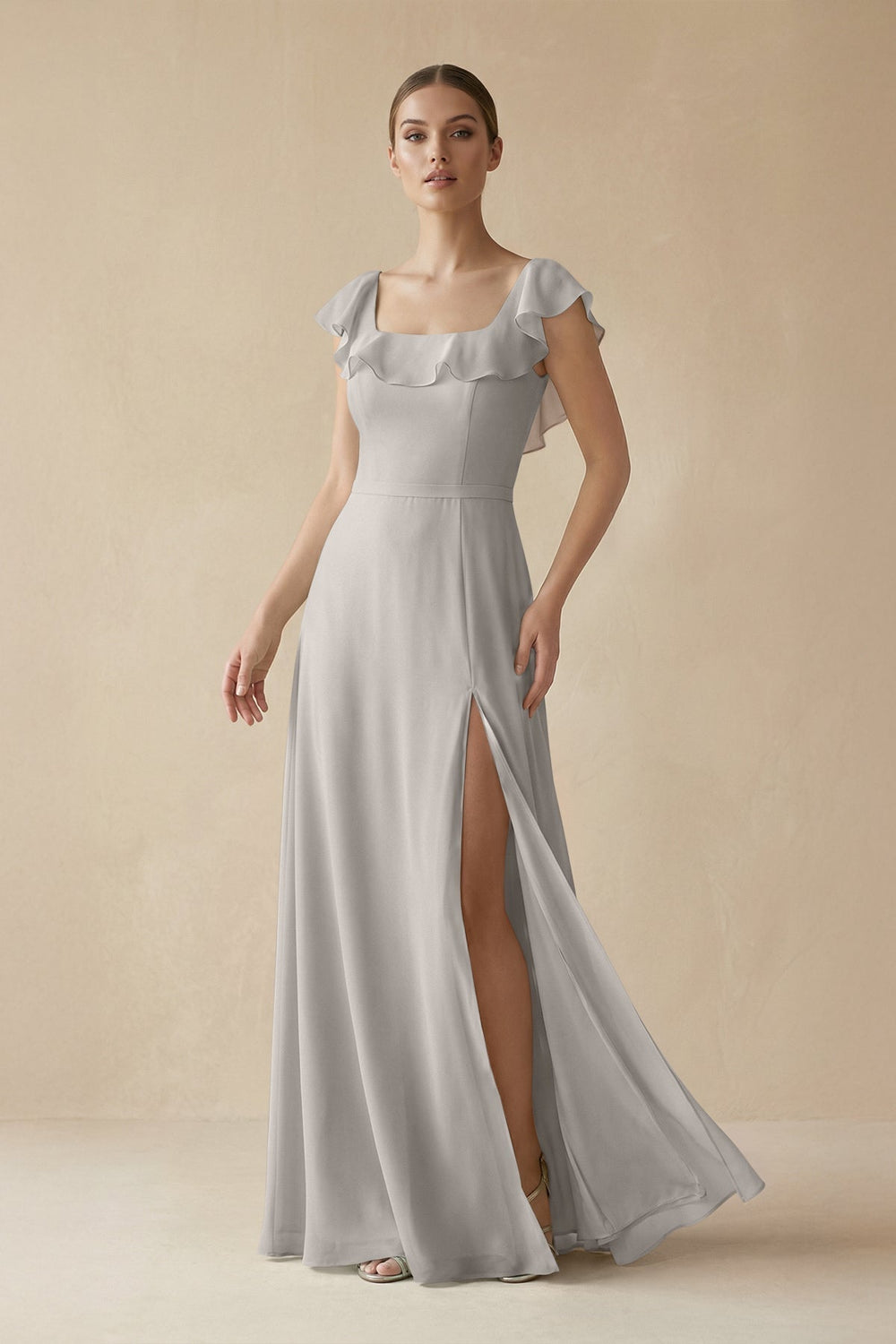 Square Neck A-Line Bridesmaid Dress with Ruffles in Silver