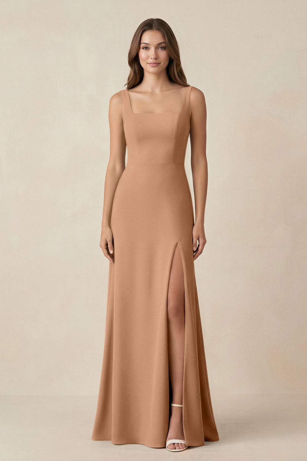 Square Neck A-Line Bridesmaid Dress With Slit in Bronzer