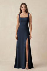Square Neck A-Line Bridesmaid Dress With Slit in Dark Navy - KISS BRIDAL BRIDESMAID DRESSES