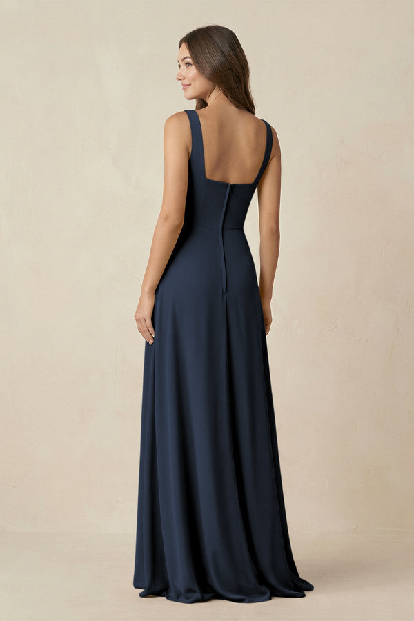 Square Neck A-Line Bridesmaid Dress With Slit in Dark Navy - KISS BRIDAL BRIDESMAID DRESSES