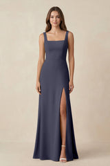Square Neck A-Line Bridesmaid Dress With Slit in Dusk Blue - KISS BRIDAL BRIDESMAID DRESSES