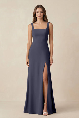 Square Neck A-Line Bridesmaid Dress With Slit in Dusk Blue - KISS BRIDAL BRIDESMAID DRESSES