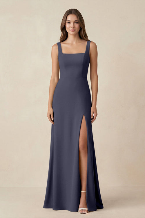Square Neck A-Line Bridesmaid Dress With Slit in Dusk Blue - KISS BRIDAL BRIDESMAID DRESSES