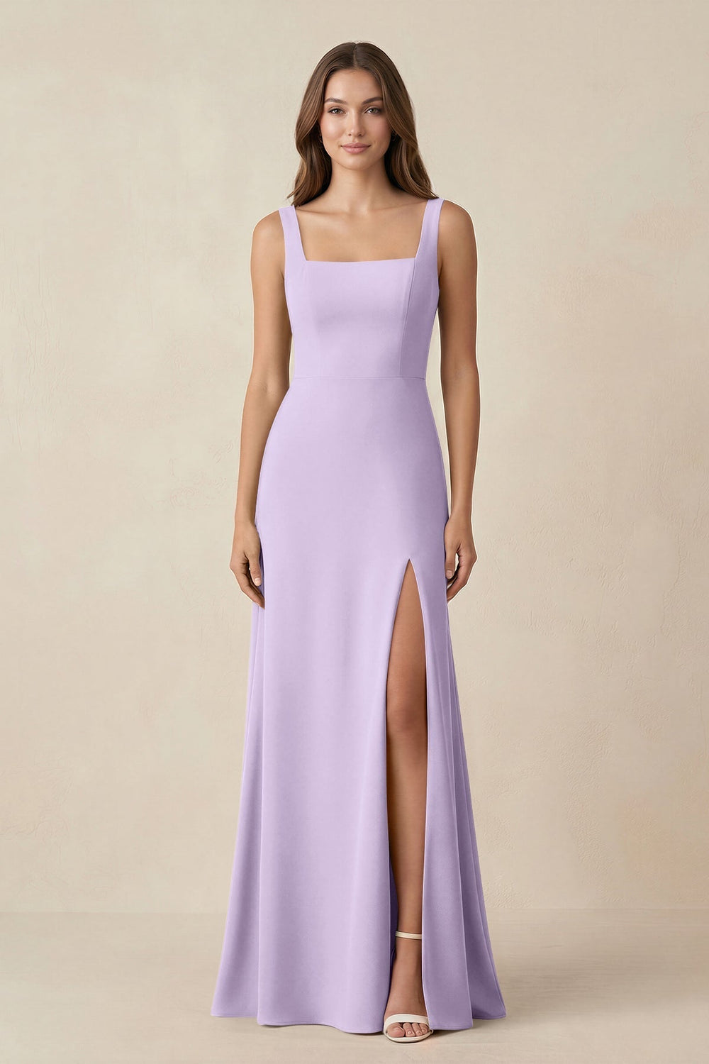 Square Neck A-Line Bridesmaid Dress With Slit in Lavender