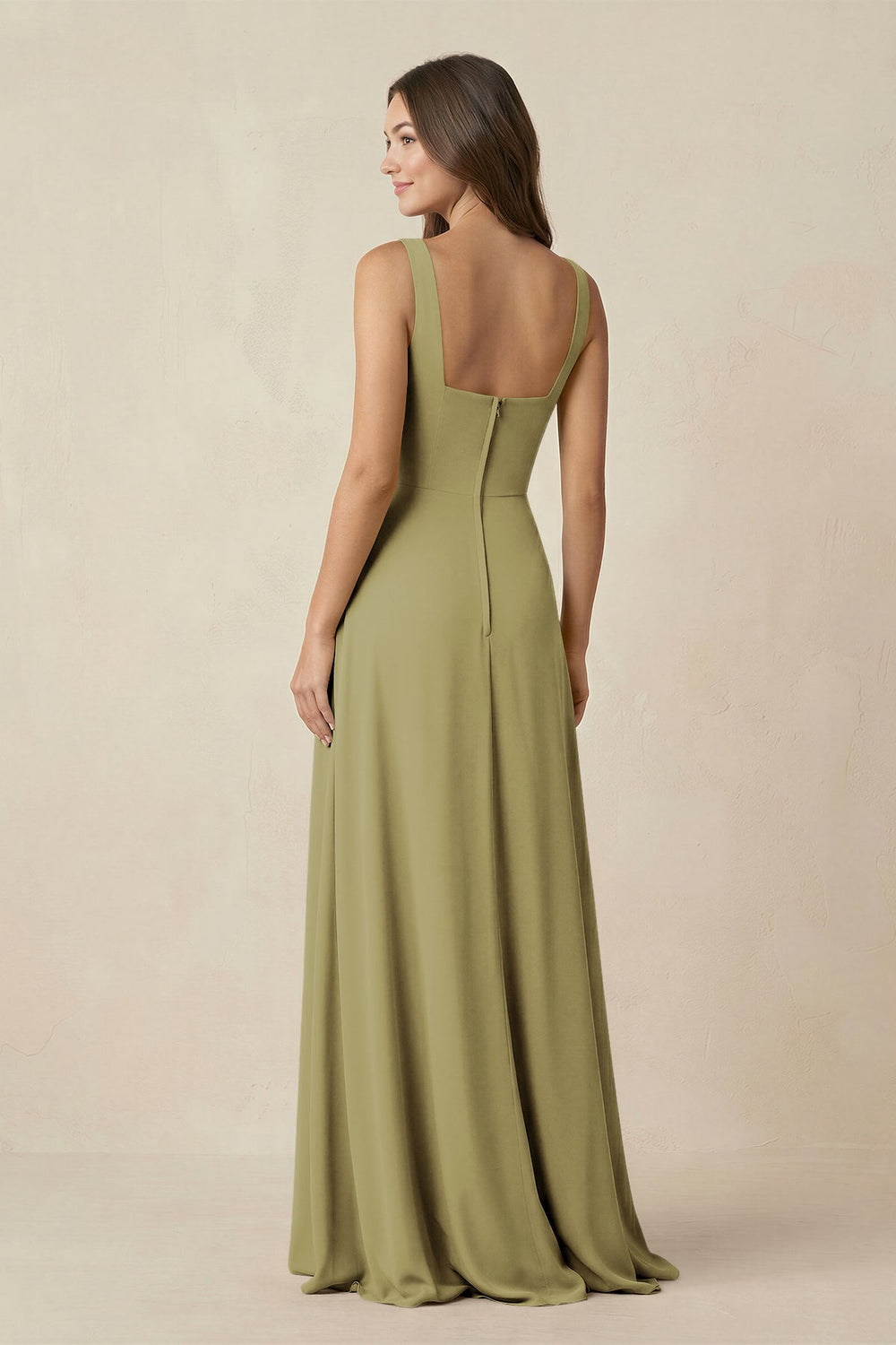 Square Neck A-Line Bridesmaid Dress With Slit in Moss Green