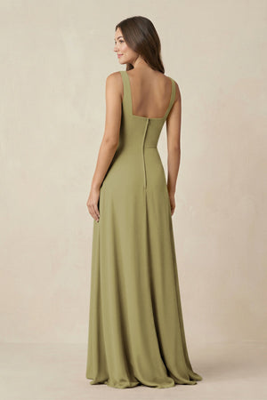 Square Neck A-Line Bridesmaid Dress With Slit in Moss Green (2) | KISSBRIDAL