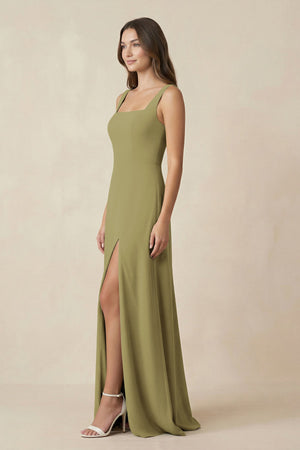 Square Neck A-Line Bridesmaid Dress With Slit in Moss Green (3) | KISSBRIDAL