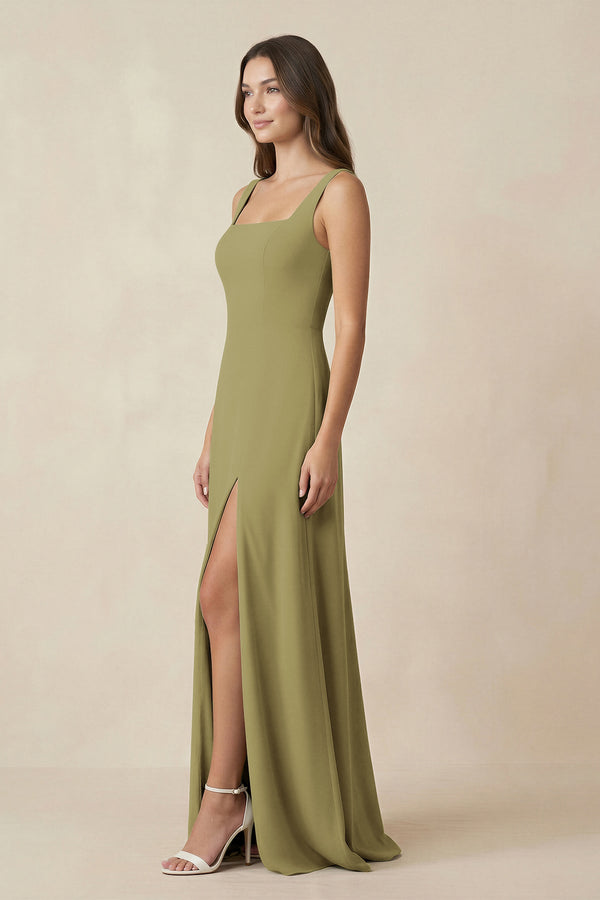 Square Neck A-Line Bridesmaid Dress With Slit in Moss Green (3) | KISSBRIDAL