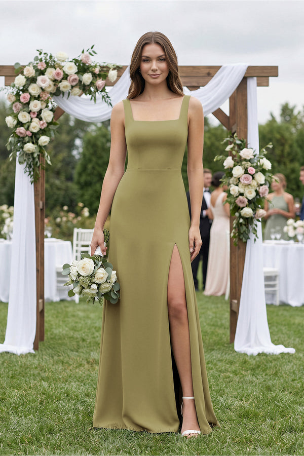 Square Neck A-Line Bridesmaid Dress With Slit in Moss Green (4) | KISSBRIDAL