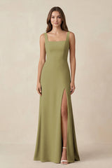 Square Neck A-Line Bridesmaid Dress With Slit in Moss Green | KISSBRIDAL