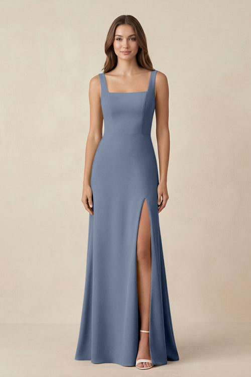 Square Neck A-Line Bridesmaid Dress With Slit in Neptune - KISS BRIDAL BRIDESMAID DRESSES