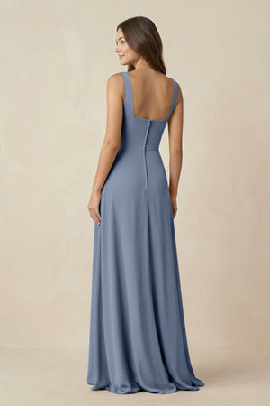 Square Neck A-Line Bridesmaid Dress With Slit in Neptune - KISS BRIDAL BRIDESMAID DRESSES