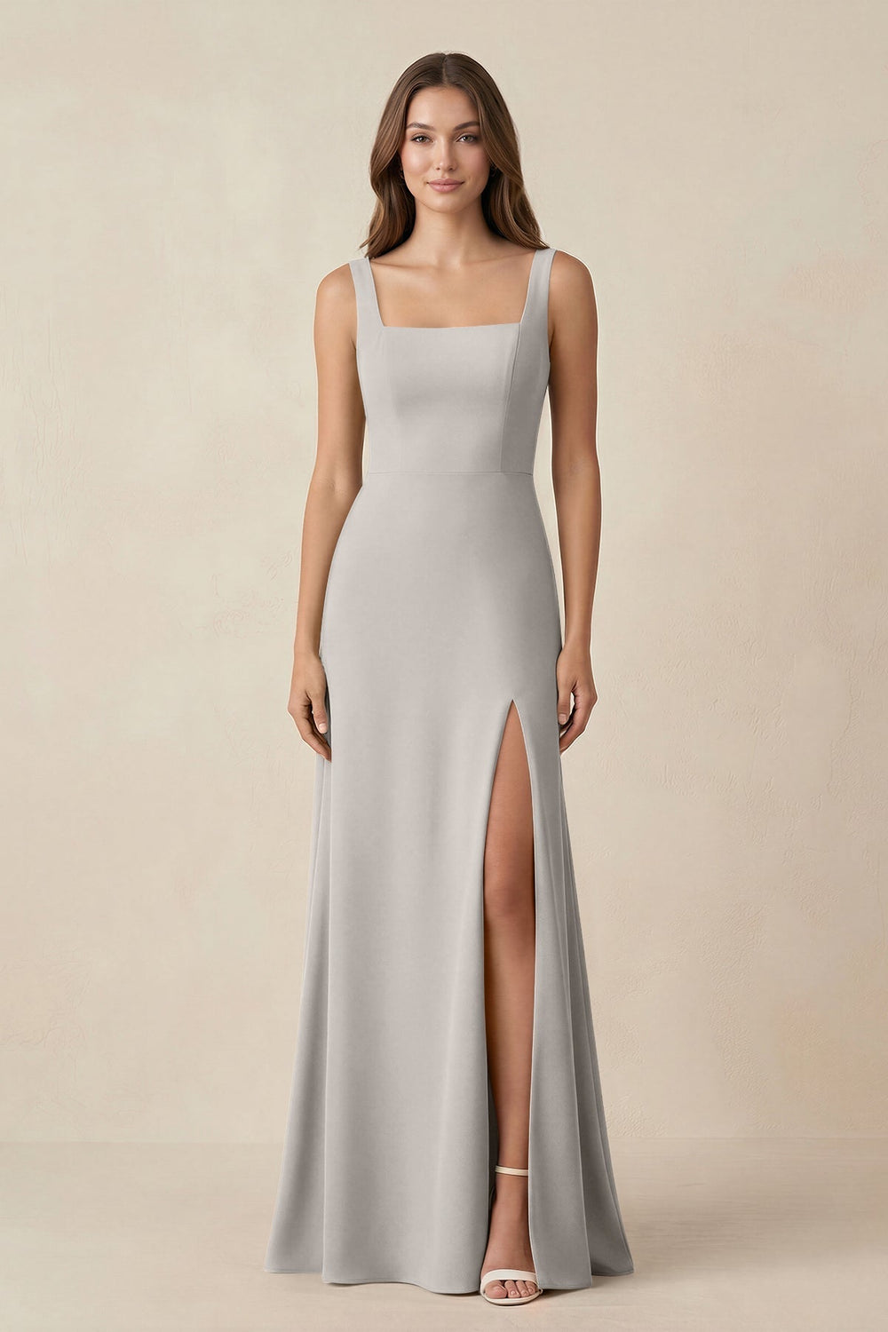 Square Neck A-Line Bridesmaid Dress With Slit in Silver