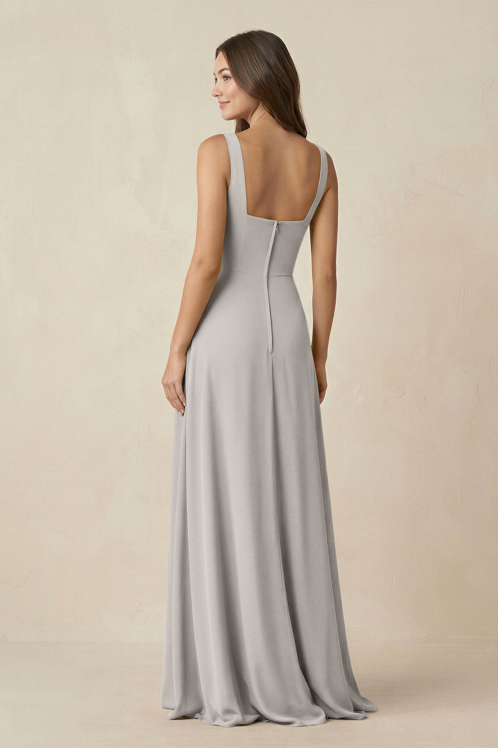 Square Neck A-Line Bridesmaid Dress With Slit in Silver