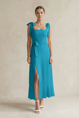 Square Neck A - Line Chiffon Midi Bridesmaid Dress with Bow in Blue Jay - KISS BRIDAL Bridesmaid Dresses