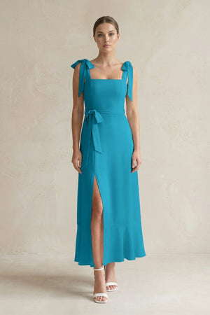 Square Neck A - Line Chiffon Midi Bridesmaid Dress with Bow in Blue Jay - KISS BRIDAL Bridesmaid Dresses