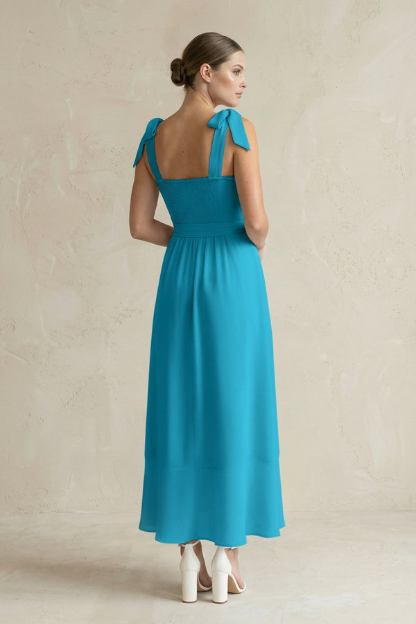 Square Neck A - Line Chiffon Midi Bridesmaid Dress with Bow in Blue Jay - KISS BRIDAL Bridesmaid Dresses