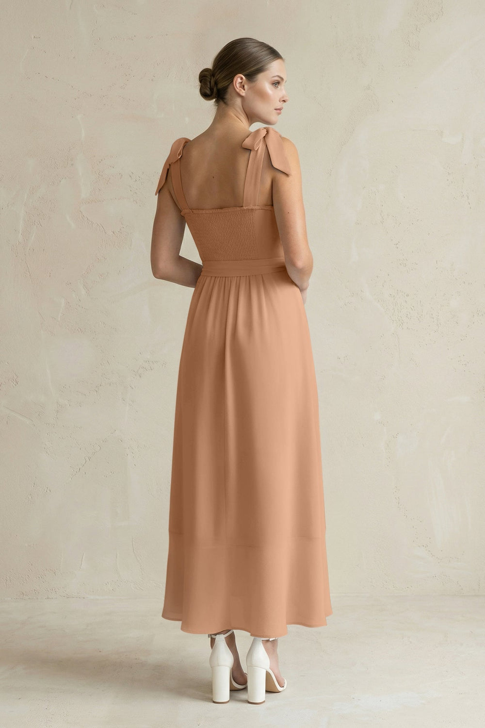 Square Neck A-Line Chiffon Midi Bridesmaid Dress with Bow in Bronzer