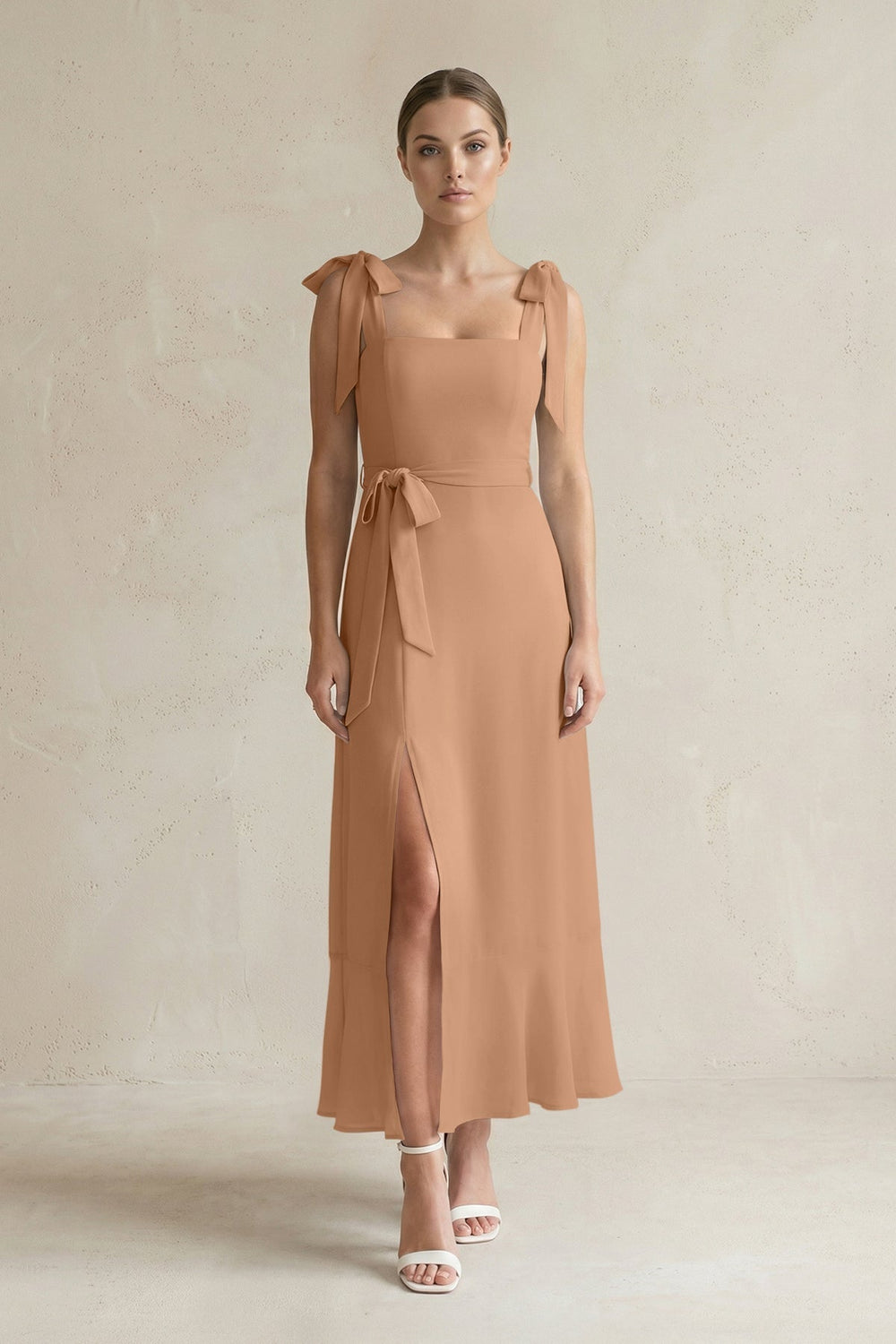 Square Neck A-Line Chiffon Midi Bridesmaid Dress with Bow in Bronzer