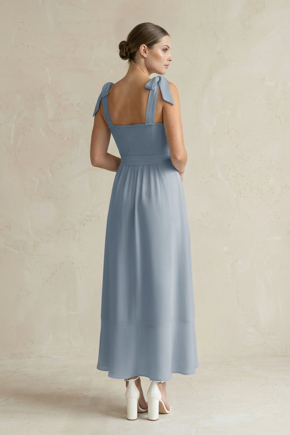 Square Neck A-Line Chiffon Midi Bridesmaid Dress with Bow in Dusty Blue