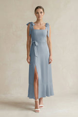 Square Neck A-Line Chiffon Midi Bridesmaid Dress with Bow in Dusty Blue | KISSBRIDAL