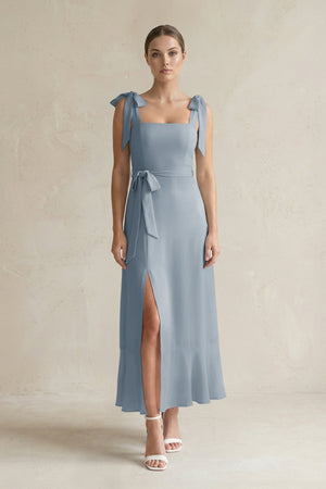 Square Neck A-Line Chiffon Midi Bridesmaid Dress with Bow in Dusty Blue | KISSBRIDAL