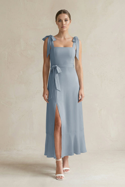 Square Neck A-Line Chiffon Midi Bridesmaid Dress with Bow in Dusty Blue | KISSBRIDAL