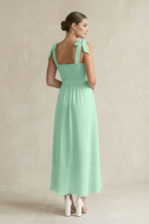 Square Neck A-Line Chiffon Midi Bridesmaid Dress with Bow in Pale Pistachio (2) | KISSBRIDAL