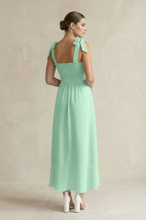 Square Neck A-Line Chiffon Midi Bridesmaid Dress with Bow in Pale Pistachio (2) | KISSBRIDAL