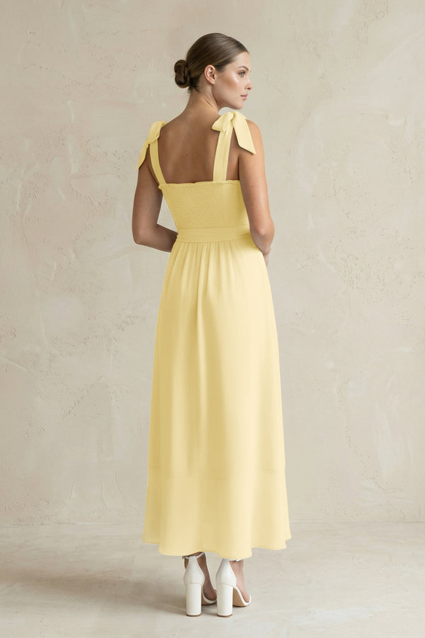Square Neck A - Line Chiffon Midi Bridesmaid Dress with Bow in Pastel Yellow - KISS BRIDAL Bridesmaid Dresses