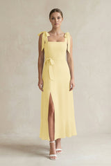 Square Neck A - Line Chiffon Midi Bridesmaid Dress with Bow in Pastel Yellow - KISS BRIDAL Bridesmaid Dresses