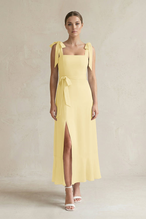 Square Neck A - Line Chiffon Midi Bridesmaid Dress with Bow in Pastel Yellow - KISS BRIDAL Bridesmaid Dresses