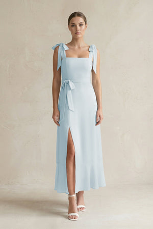 Square Neck A-Line Chiffon Midi Bridesmaid Dress with Bow in Sky Blue | KISSBRIDAL