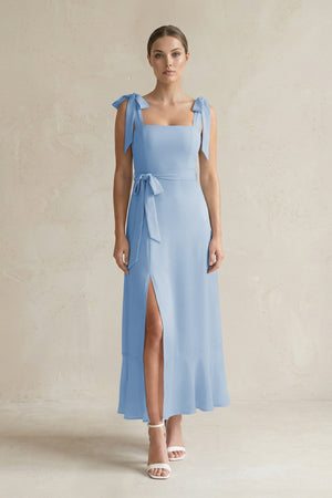 Square Neck A-Line Chiffon Midi Bridesmaid Dress with Bow in Steel Blue | KISSBRIDAL
