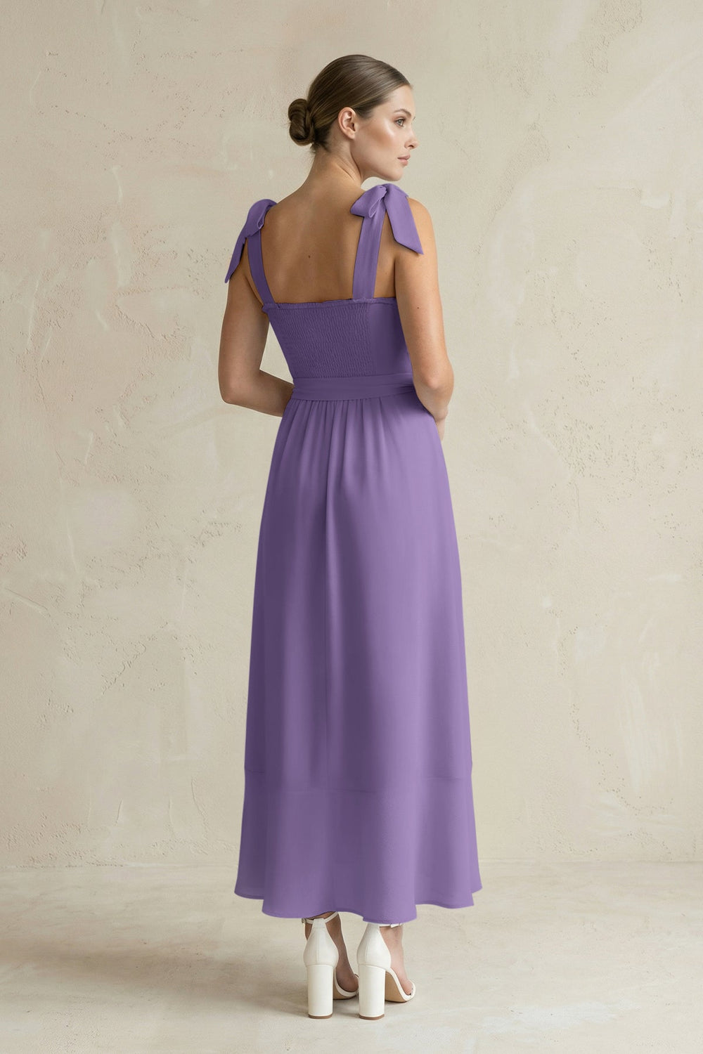 Square Neck A-Line Chiffon Midi Bridesmaid Dress with Bow in Tahiti