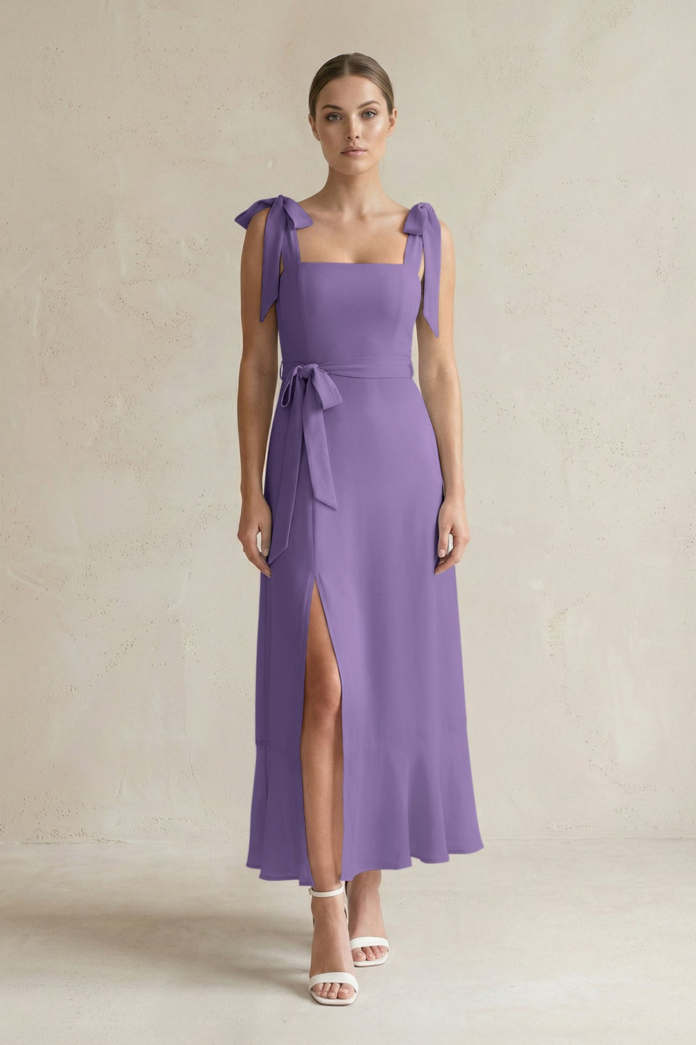 Square Neck A-Line Chiffon Midi Bridesmaid Dress with Bow in Tahiti