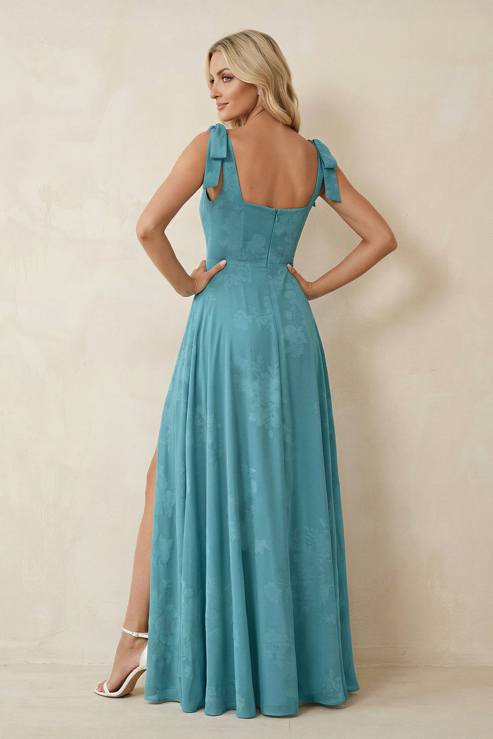 Square Neck A-Line Floral Printed Chiffon Bridesmaid Dress in Adriatic Blue