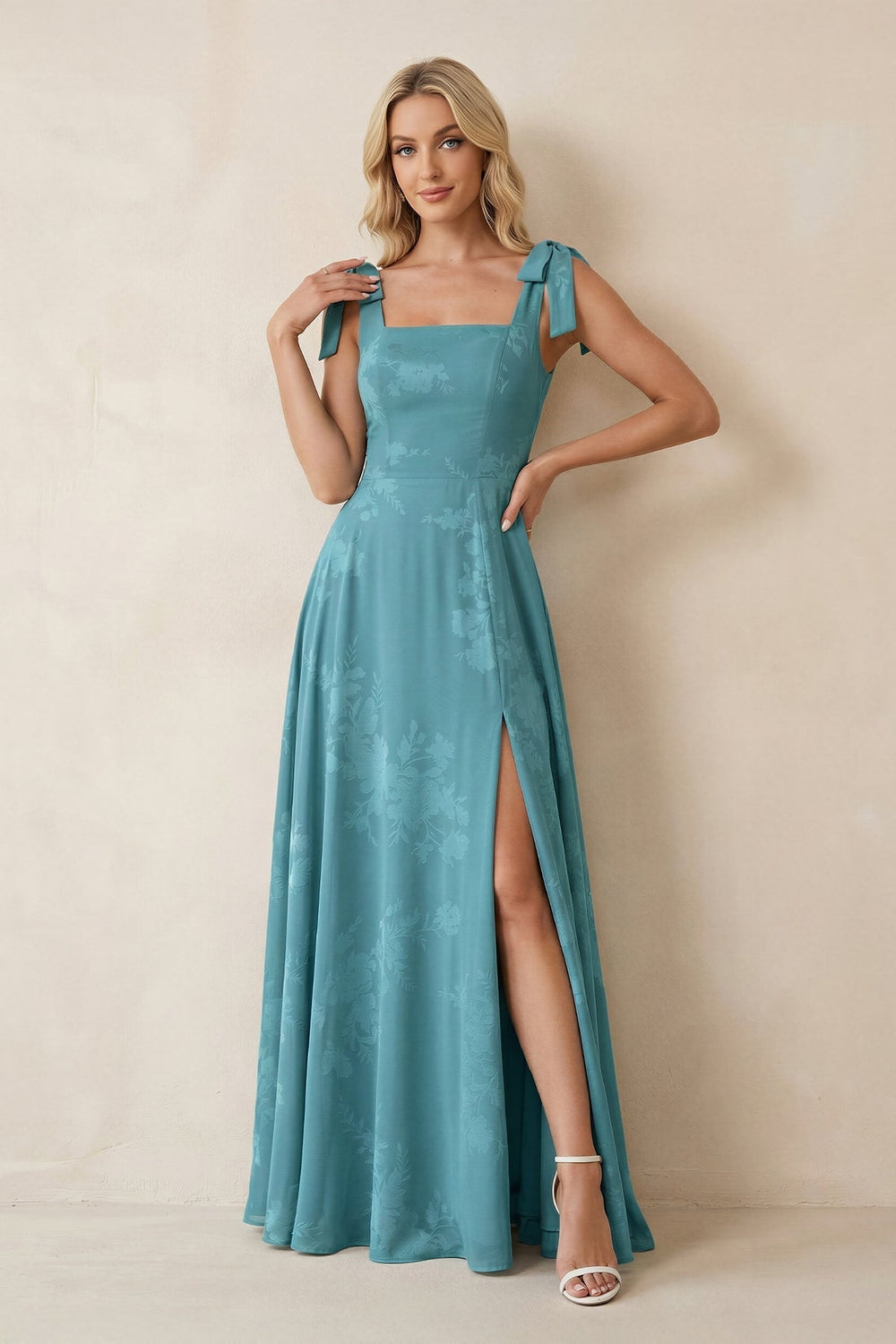 Square Neck A-Line Floral Printed Chiffon Bridesmaid Dress in Adriatic Blue