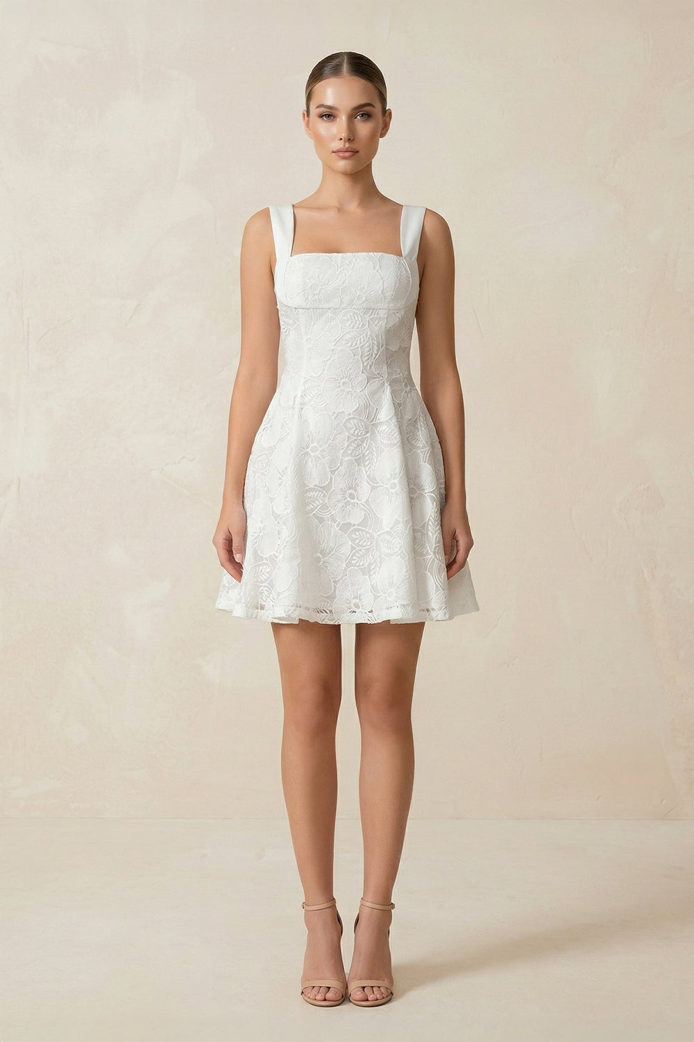 Square Neck A-Line Lace Mini Wedding Dress in White